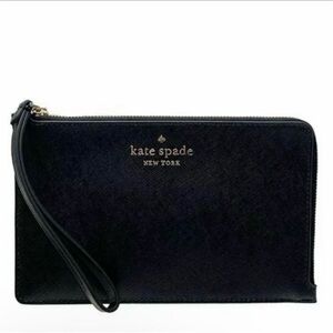 New Kate Spade Staci Medium L-Zip Black Leather Wristlet Classic Wallet